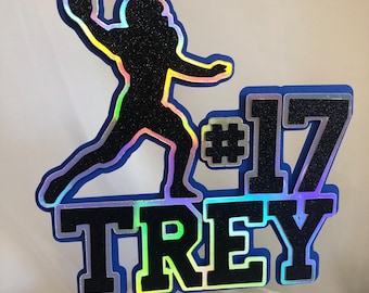Football custom cake topper, holographic teen cake topper, custom football topper with name, any name any age cake topper, football party