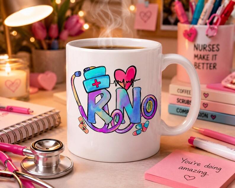 Peut inclure: Un mug en c&eacute;ramique blanche orn&eacute; d'un motif color&eacute; repr&eacute;sentant les lettres RN, un st&eacute;thoscope, une coiffe d'infirmier, un c&oelig;ur avec un trac&eacute; EKG et des ic&ocirc;nes m&eacute;dicales. Les lettres pr&eacute;sentent des motifs aquarelles bleus, violets et roses.