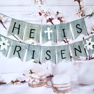 HE IS RISEN Easter Baptism Banner, Garland Baptism, Resurrection banner, Burlap banner.