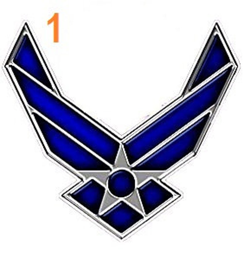 May include: A blue and silver metal pin with the United States Air Force emblem. The emblem features a stylized eagle with wings spread and a star in the center.