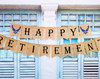 Air Force Retirement Burlap Banner: Rustic Retirement Party Decoration custom  LOGO.