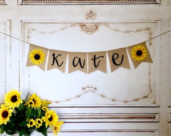 Custom Name burlap Banner: Sunflower Baby Shower Decoration.Birthday party bunting
