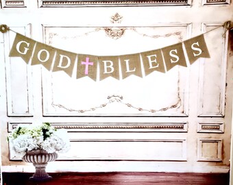 Personalized Baptism Banner,First Communion Banner,Burlap banner,God Bless Banner.Named banner.Birthday Burlap Banner,Christening banner