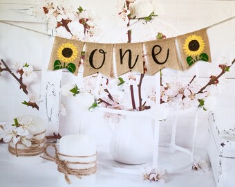 SWYOUN Burlap Happy Birthday Banner With Sunflowers - 2-Part Bunting Garland, Natural Burlap, Reusable Party Decor