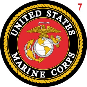 May include: The official emblem of the United States Marine Corps, featuring a globe, anchor, and eagle with the words "United States Marine Corps" in a gold rope circle.