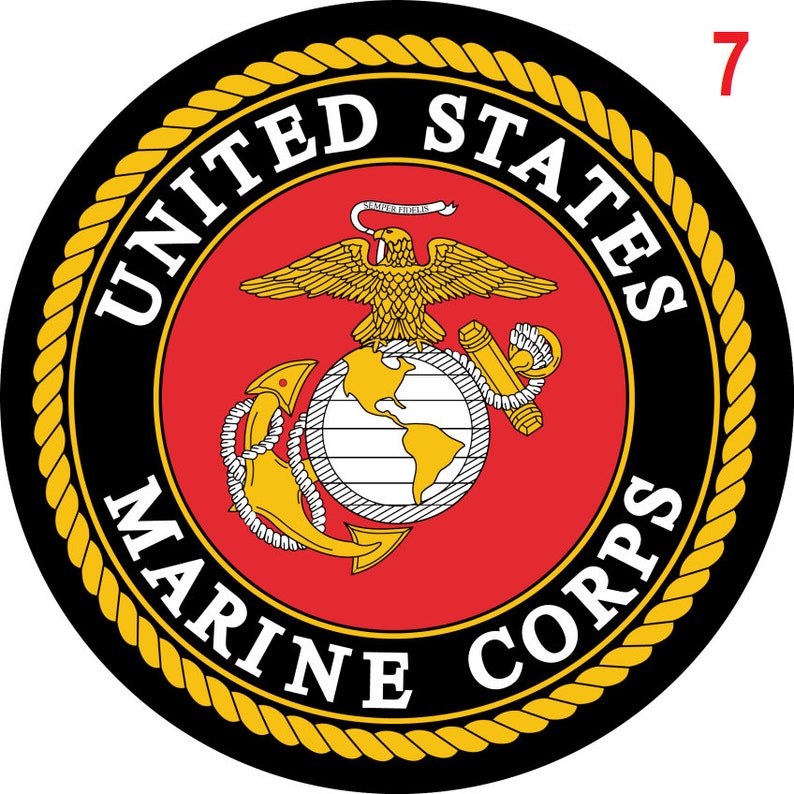 May include: The official emblem of the United States Marine Corps, featuring a globe, anchor, and eagle with the words "United States Marine Corps" in a gold rope circle.