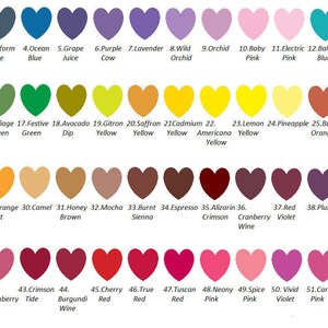 May include: A chart of 52 heart-shaped color swatches with corresponding names and numbers. The colors range from deep blue to bright orange, yellow, green, brown, red, pink, and purple. The last swatch is white.