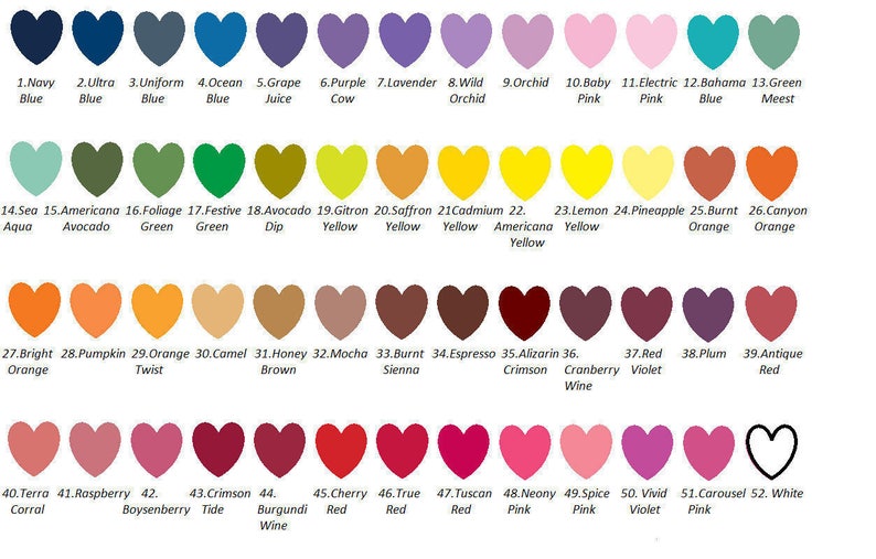 May include: A chart of 52 heart-shaped color swatches with corresponding names and numbers. The colors range from deep blue to bright orange, yellow, green, brown, red, pink, and purple. The last swatch is white.