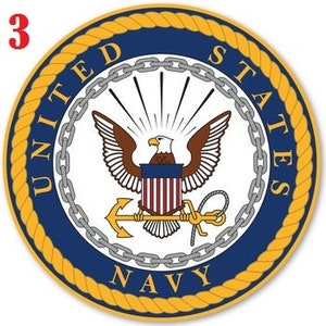 May include: A round, blue and white seal with a gold rope border. The seal features a bald eagle with outstretched wings, a shield with red and white stripes, and an anchor. The text "UNITED STATES NAVY" is written around the seal.