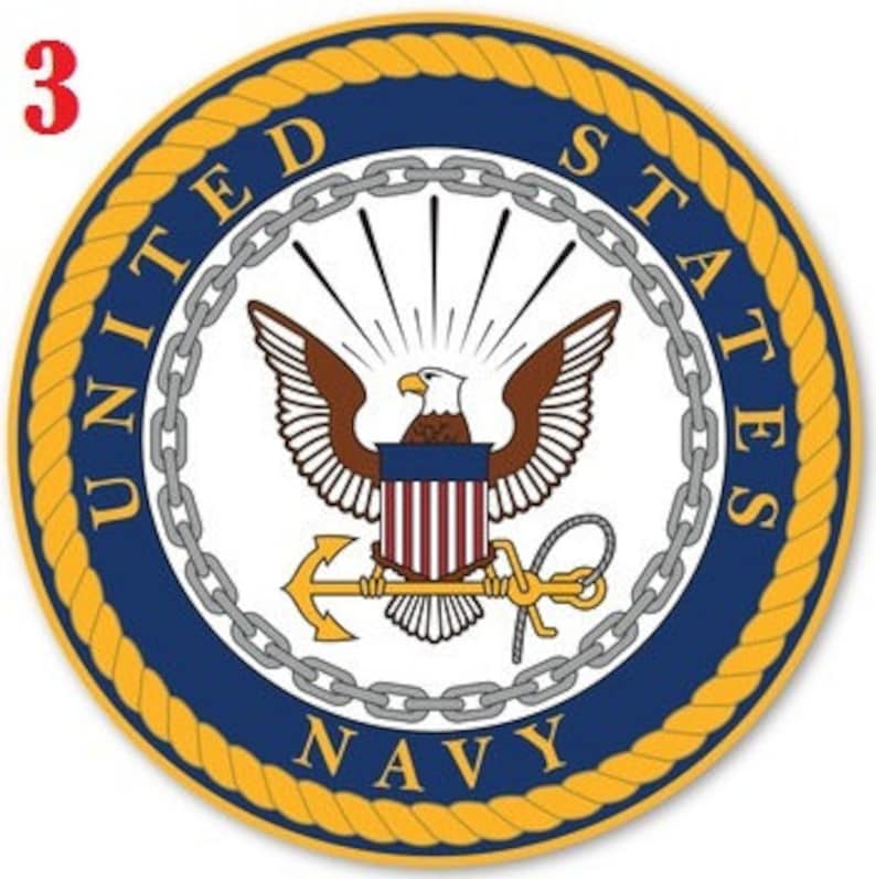May include: A round, blue and white seal with a gold rope border. The seal features a bald eagle with outstretched wings, a shield with red and white stripes, and an anchor. The text "UNITED STATES NAVY" is written around the seal.
