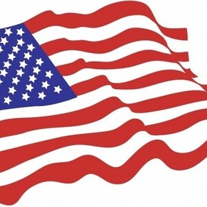 May include: A red, white, and blue American flag waving in the wind. The flag has 13 stripes and 50 stars. The number 6 is printed in orange on the right side of the image.