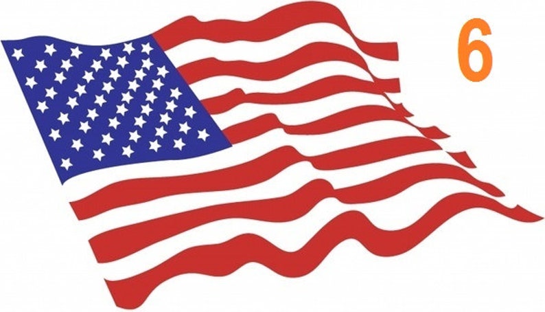 May include: A red, white, and blue American flag waving in the wind. The flag has 13 stripes and 50 stars. The number 6 is printed in orange on the right side of the image.