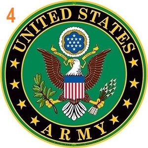 May include: A round, green and black seal with the words "United States Army" in gold lettering. The seal features a bald eagle with outstretched wings, a shield with red and white stripes, and a wreath of olive branches.