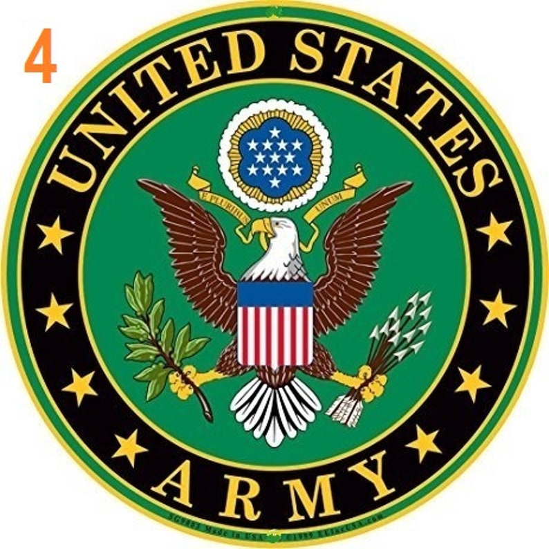 May include: A round, green and black seal with the words "United States Army" in gold lettering. The seal features a bald eagle with outstretched wings, a shield with red and white stripes, and a wreath of olive branches.