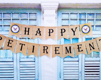 Happy Retirement Burlap Banner: Navy Retirement Party Decoration