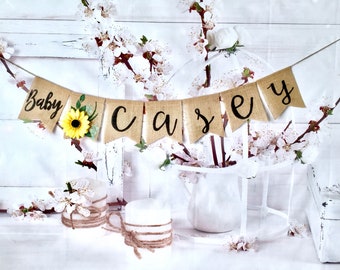 Custom Burlap Baby Name Banner: Sunflower Baby Shower Decorations.Rustic garlands.