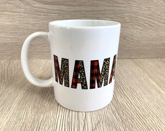 Mama Christmas Mug, Buffalo Plaid & Leopard Print - 11oz Ceramic
