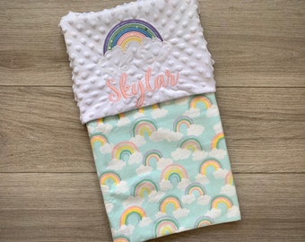 Personalized Baby Blanket or Lovey/Rainbow Blanket/Baby Blanket/Flannel Minky Blanket/Appliqué Blanket/Embroidered Blanket/Rainbow Baby