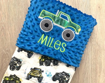 Personalized Monster Truck Baby Blanket, Minky Flannel Lovey