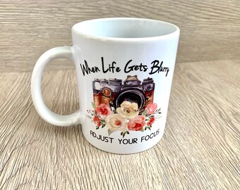 Adjust Your Focus Mug - Camera & Floral Design, 11oz Coffee Mug
