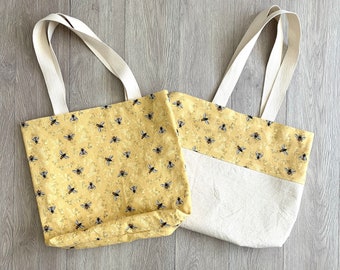 Cotton Canvas Tote Bag: Bee Print, Reusable Grocery Shopping Bag