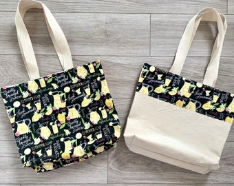 Lemonade Print Cotton Canvas Tote Bag, Reusable Grocery Bag