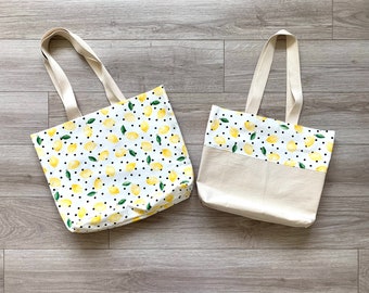 Lemon Print Canvas Tote Bag: Reusable Grocery Shopping Bag