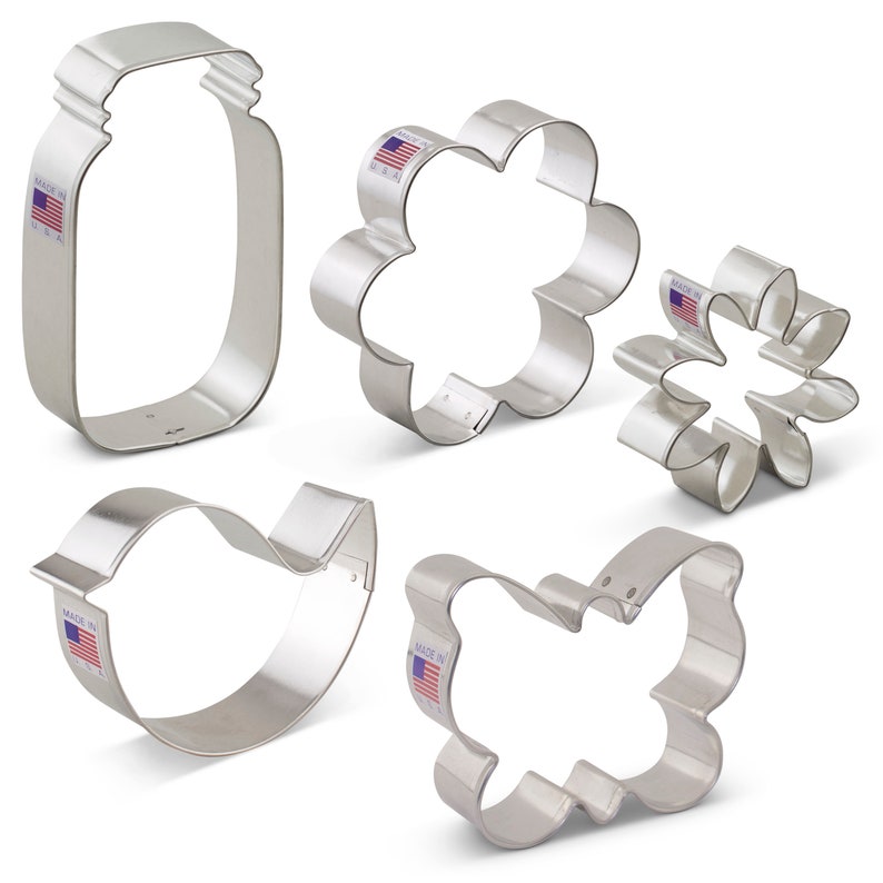 US Tin Plated Steel Flower Garden Metal Cookie Cutters 5 Piece Boxed Set Daisy Teardrop Bird Flower Ann Clark Butterfly Mason Jar