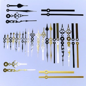 May include: Assortment of clock hands in various styles and colours, including black, gold, and silver. The hands are made of metal and have different lengths and designs. Some hands have a simple design, while others have intricate details.