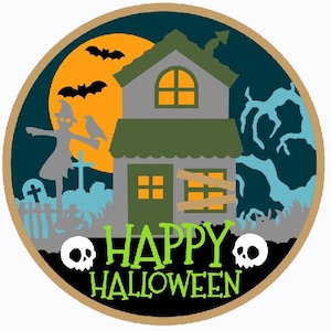 May include: A circular Halloween-themed graphic with a haunted house, bats, and a scarecrow silhouetted against an orange moon. The words "HAPPY HALLOWEEN" are in green, with white skulls on either side.