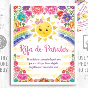 Puede incluir: Un cartel imprimible para una rifa de pañales con un arcoíris colorido, flores y un sol con un lazo. El texto dice "Rifa de Pañales" y "Si trajiste un paquete de pañales para la rifa por favor deja la tarjetita con tu nombre aquí".