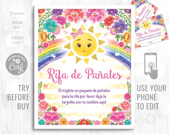 Rifa de pañales, tarjetas y letrero. Printable Diaper Raffle game.  Spanish.PDF Instant download. Boy, girl, gender reveal baby shower. Gold.