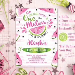 Editable Watermelon Birthday Invitation One in a Melon First Birthday Girl Invite Instant Download Editable Template Your Photo on Backside