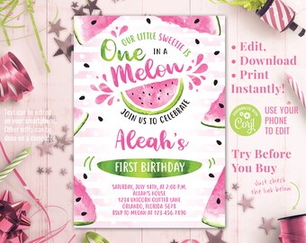 Editable Watermelon Birthday Invitation One in a Melon First Birthday Girl Invite Instant Download Editable Template Your Photo on Backside