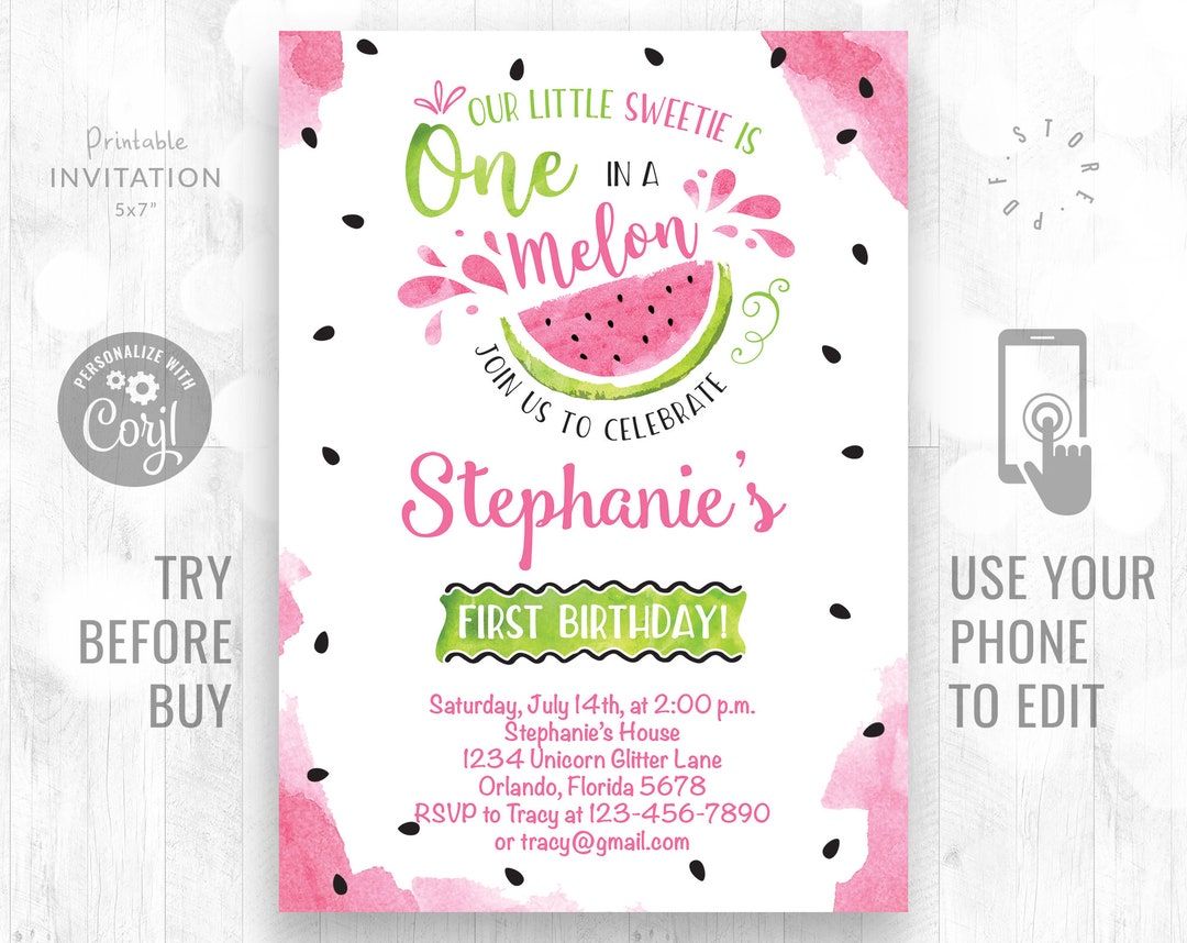 One in a Melon Birthday Invitation 1st Birthday Invite Instant Download ...