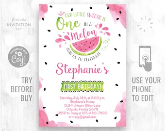 One in a Melon Birthday Invitation 1st Birthday Invite Instant Download Watermelon Party One in a Melon Invitation Party Digital Printable