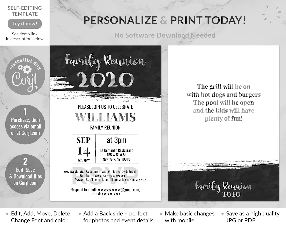 Editable Invitation Family Reunion Silver Foil Effect Instant Access