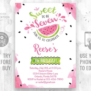 7th Birthday Invitation Watermelon Sweet To Be Four Melon Sweet Party Seventh Birthday Instant Access Invitation
