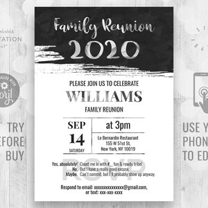 Editable Invitation Family Reunion Silver Foil Effect Instant Access Editable Template e-Invitation e-Invite