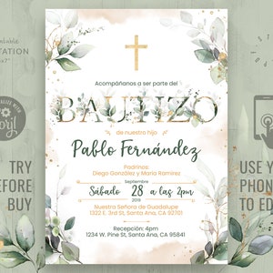 Invitación de Bautizo Editable Baptism Boy Invitation Bautizo Niño Spanish Invite Watercolor Gold Leaves Greenery Baptism Invitation