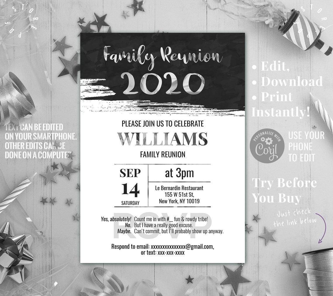 Editable Invitation Family Reunion Silver Foil Effect Instant Access