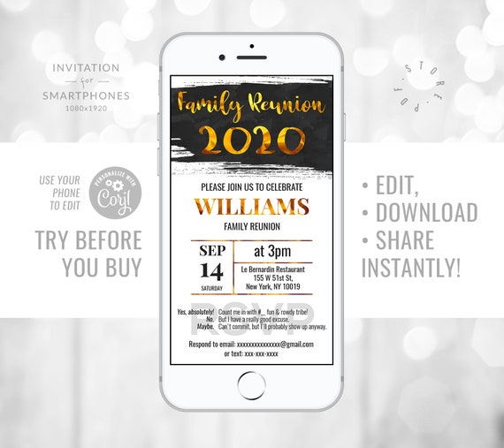 Editable Invitation Family Reunion Gold Foil Effect Electronic Invitation for Smartphones Instant Download Editable Template e-Invitation