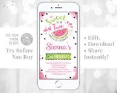 Second Birthday Electronic Invitation Sweet To Be TWO Watermelon Girl's Baby Birthday Email Smartphone iPhone Invitation Instant Download