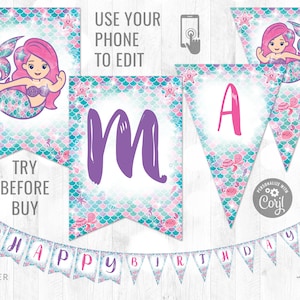 Banner de festa de sereia editável em aquarela de festa de aniversário de sereia para imprimir banner de carta download instantâneo modelo editável no fundo do mar