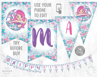Banner editable de fiesta de sirenas Acuarela Fiesta de cumpleaños de sirena Carta imprimible Banner Descarga instantánea Plantilla editable bajo el mar