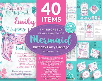 Mermaid Birthday Party Package Editable Printable Invitations / Electronic Invitations / TY Cards / Banners / Labels / Toppers and more