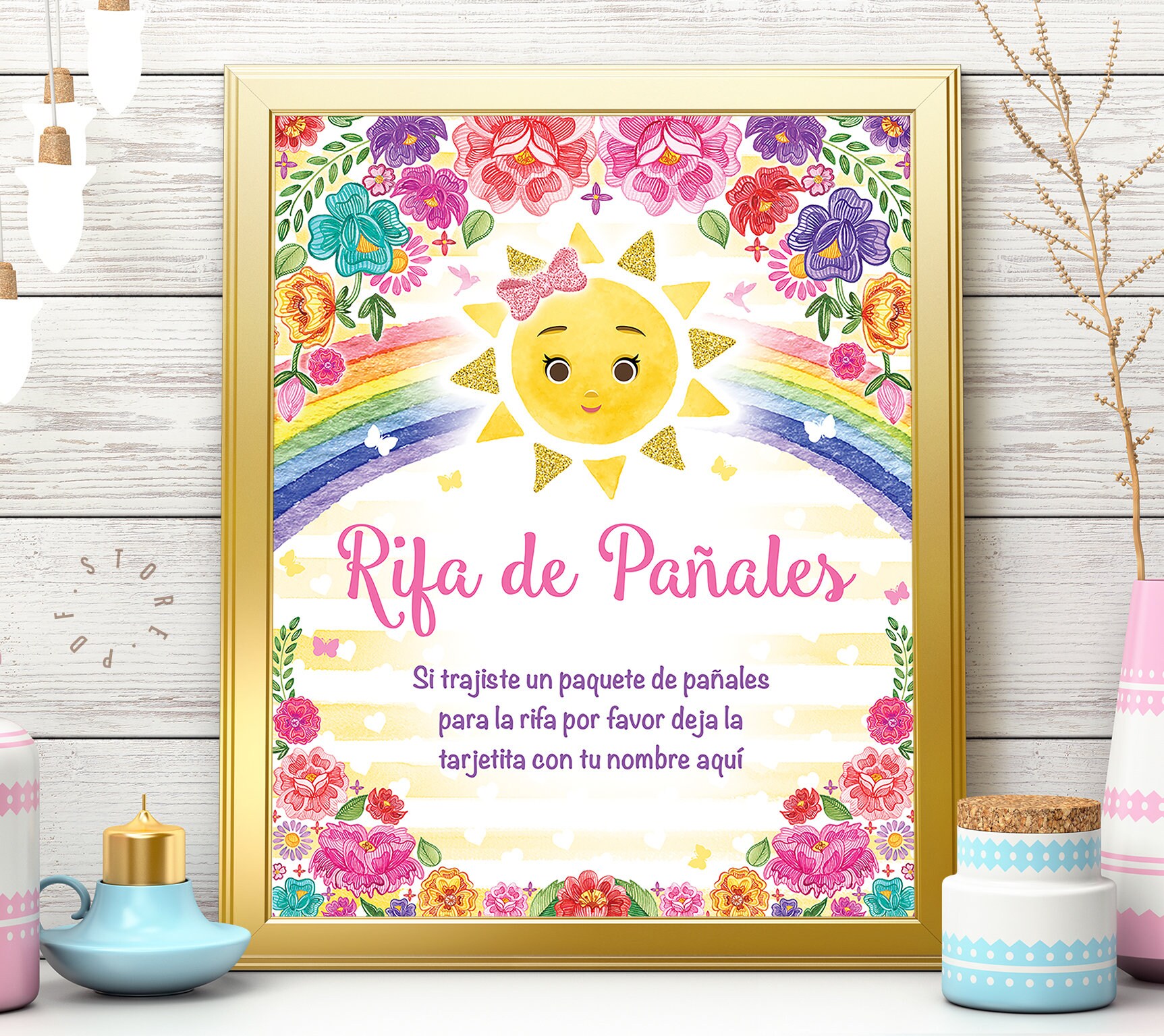 Rifa de pañales, tarjetas y letrero. Printable Diaper Raffle game.  Spanish.PDF Instant download. Boy, girl, gender reveal baby shower. Gold.