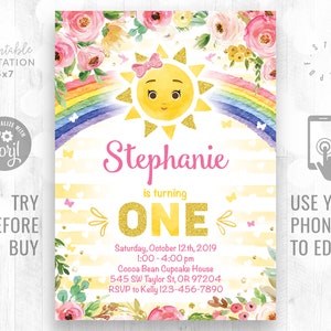 Sunshine First Birthday Invitation Sunshine Rainbow Birthday Invite Instant Access Invitation Sunshine Party Corjl Invite