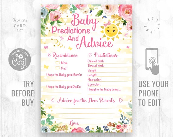 Baby Predictions and Advice Cards Printable Sunshine Baby | Etsy