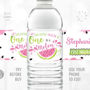 One in a Melon Birthday Party Bottle Label Template Printable Custom Label Watermelon Party First Birthday Pink and Green